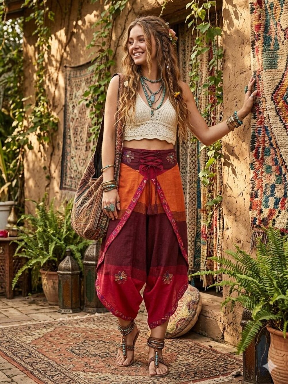 Boho Wrap-Over Lace Up Harem Pants Festival Gypsy Hippie